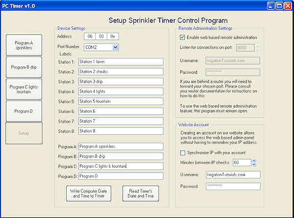 Setup Sprinkler Timer Control Program Screen